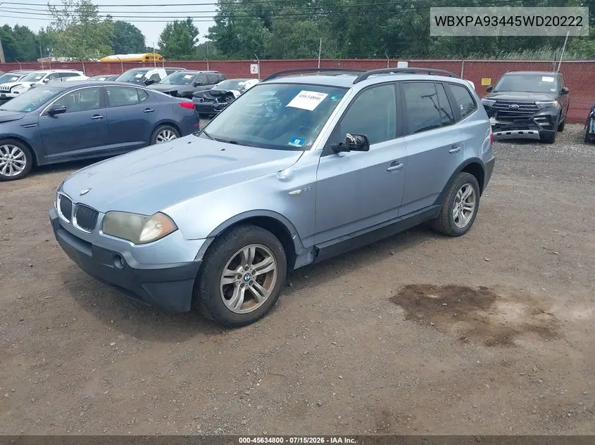 2005 BMW X3 3.0I VIN: WBXPA93445WD20222 Lot: 45634800