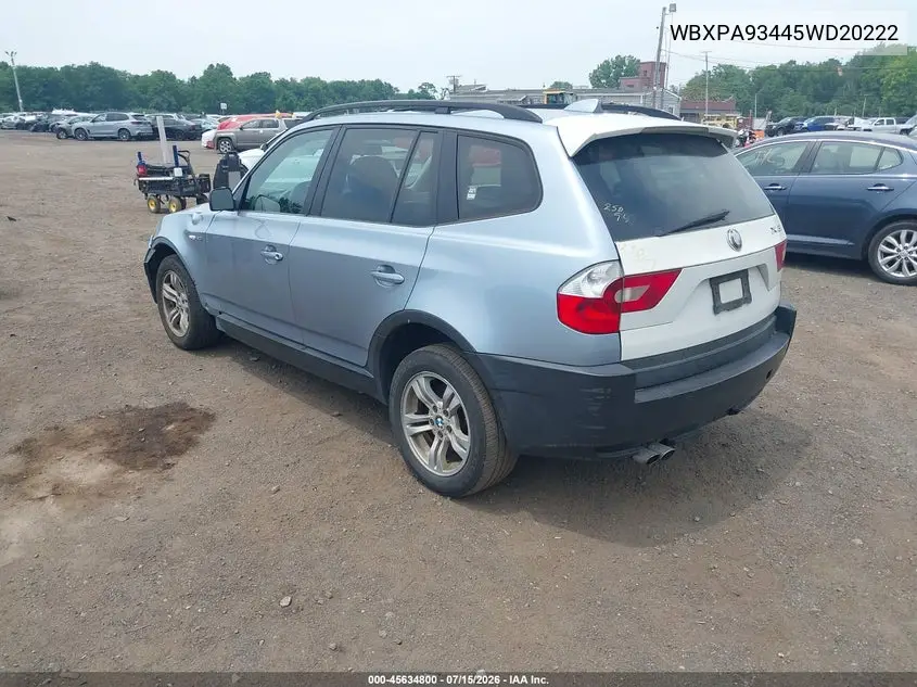 2005 BMW X3 3.0I VIN: WBXPA93445WD20222 Lot: 45634800