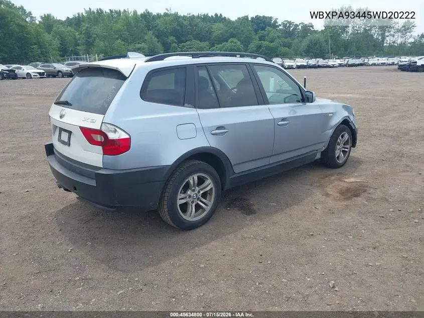 2005 BMW X3 3.0I VIN: WBXPA93445WD20222 Lot: 45634800