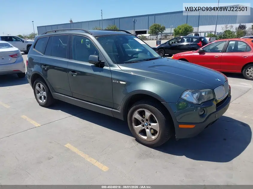 2008 BMW X3 3.0Si VIN: WBXPC934X8WJ22501 Lot: 45249316