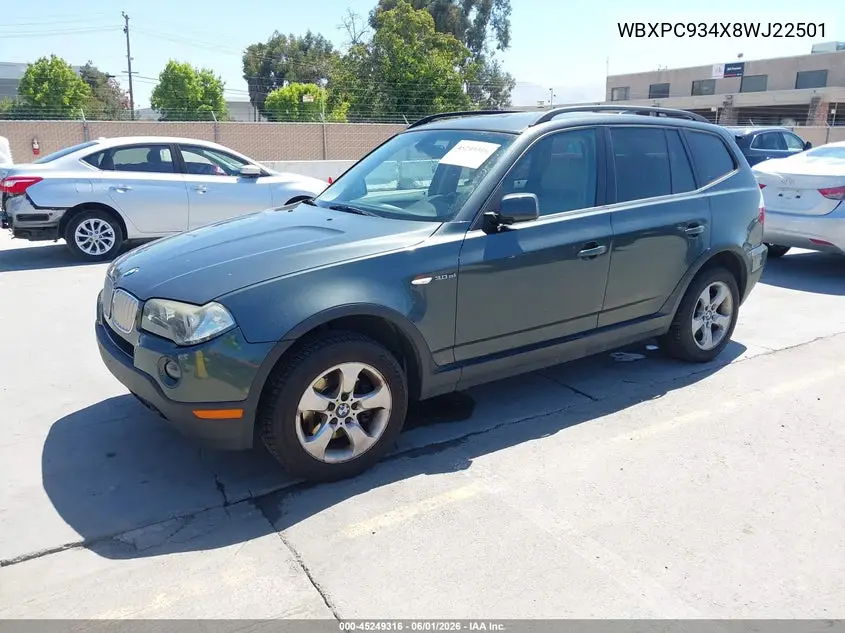 2008 BMW X3 3.0Si VIN: WBXPC934X8WJ22501 Lot: 45249316