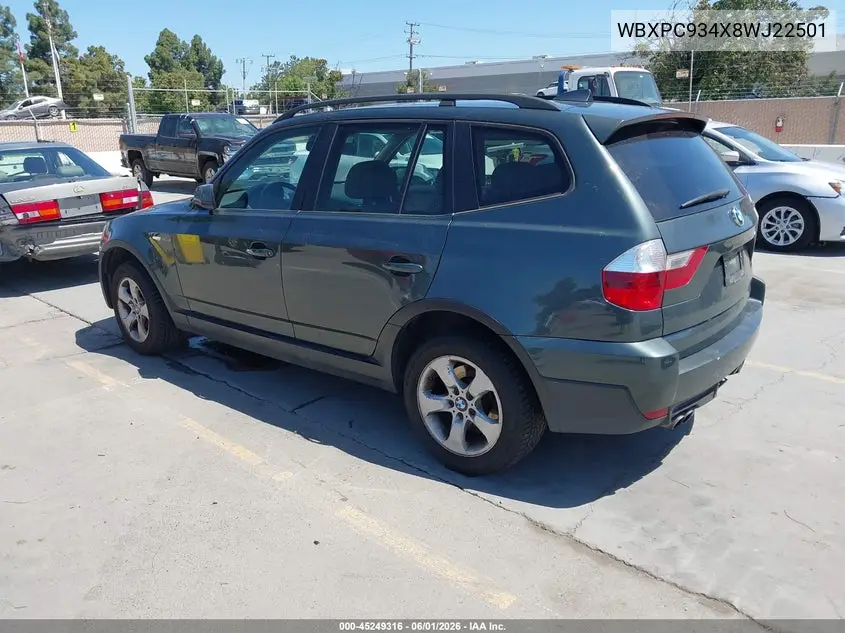 2008 BMW X3 3.0Si VIN: WBXPC934X8WJ22501 Lot: 45249316