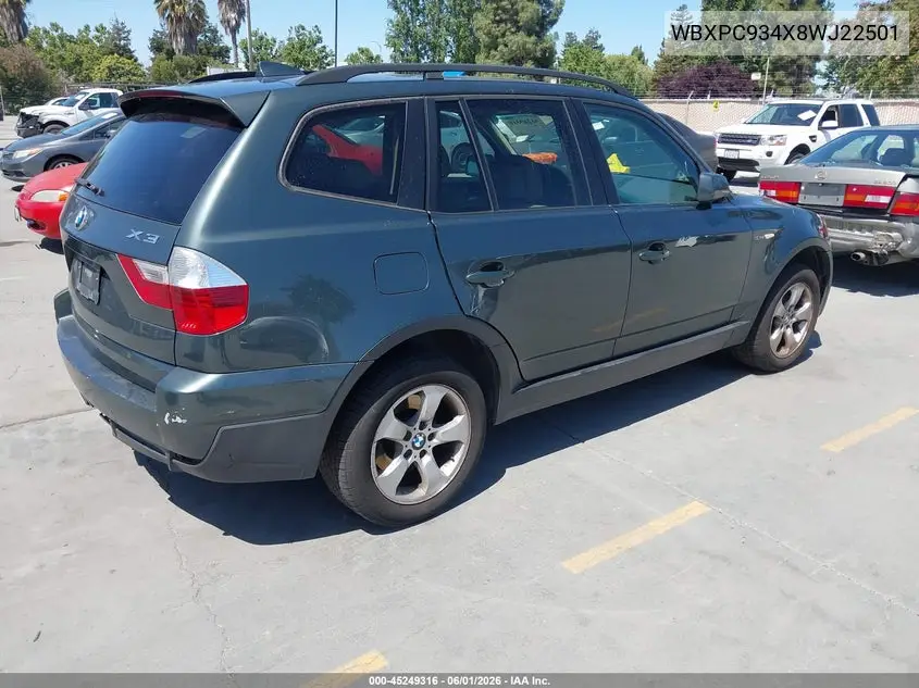 2008 BMW X3 3.0Si VIN: WBXPC934X8WJ22501 Lot: 45249316