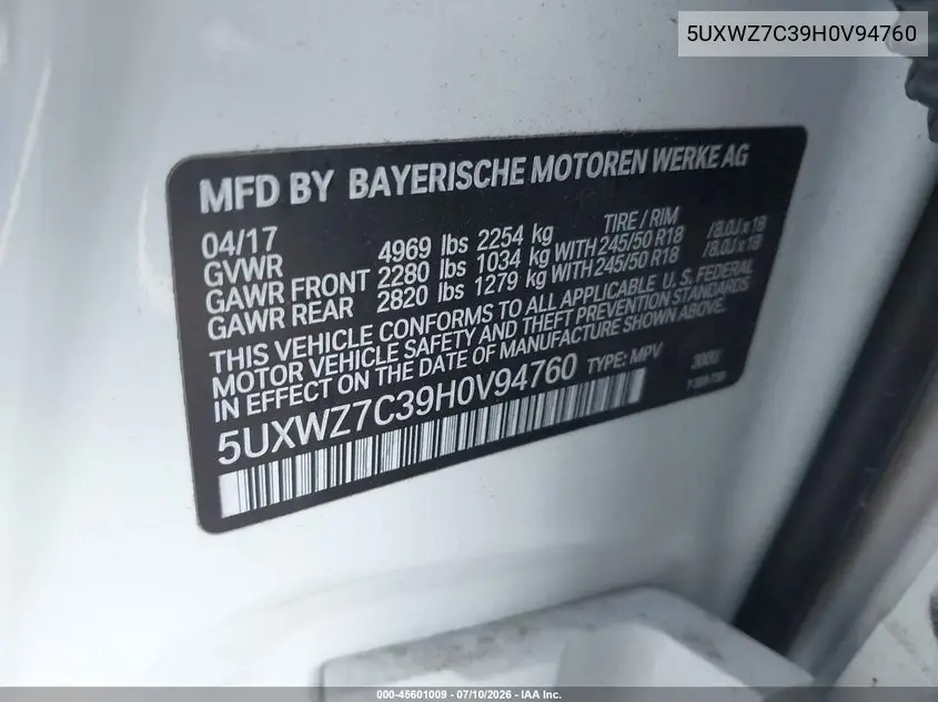 2017 BMW X3 Sdrive28I VIN: 5UXWZ7C39H0V94760 Lot: 45601009
