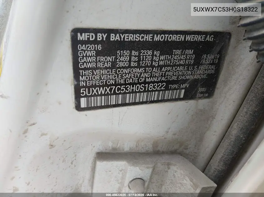 2017 BMW X3 xDrive35I VIN: 5UXWX7C53H0S18322 Lot: 45622025