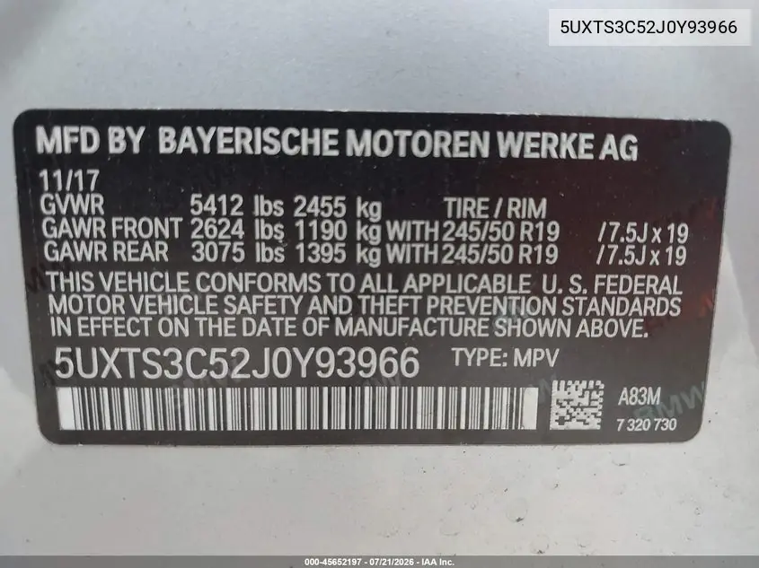 2018 BMW X3 M40I VIN: 5UXTS3C52J0Y93966 Lot: 45652197