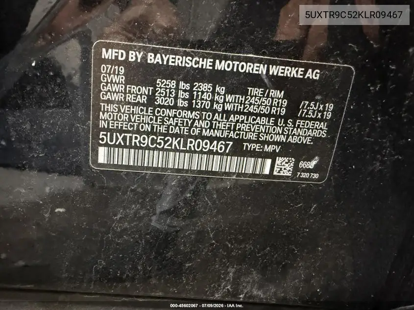 2019 BMW X3 xDrive30I VIN: 5UXTR9C52KLR09467 Lot: 45602067