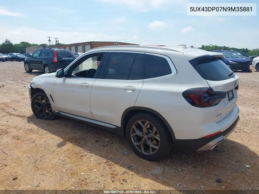 2022 BMW X3 Sdrive30I VIN: 5UX43DP07N9M35881 Lot: 45557120