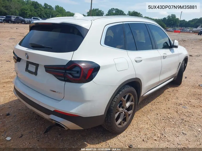 2022 BMW X3 Sdrive30I VIN: 5UX43DP07N9M35881 Lot: 45557120