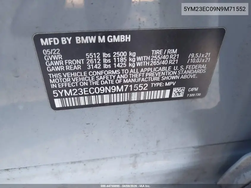 2022 BMW X4 M VIN: 5YM23EC09N9M71552 Lot: 44788895