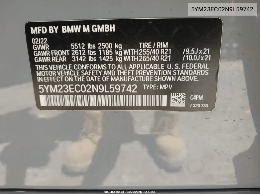 2022 BMW X4 M VIN: 5YM23EC02N9L59742 Lot: 45136553