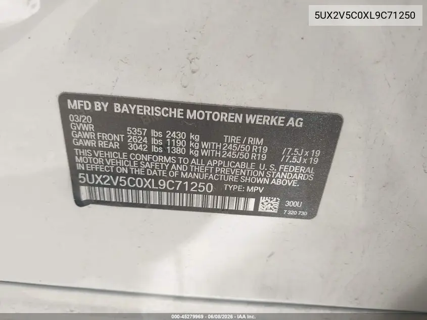 2020 BMW X4 M40I VIN: 5UX2V5C0XL9C71250 Lot: 45279969