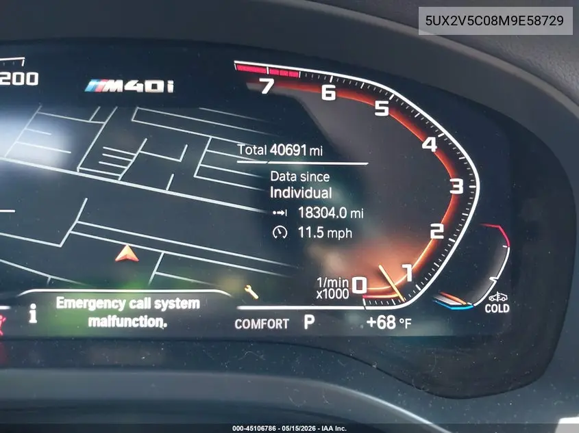 2021 BMW X4 M40I VIN: 5UX2V5C08M9E58729 Lot: 45106786