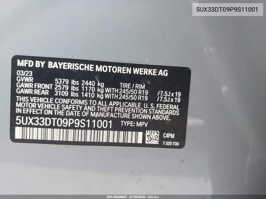 2023 BMW X4 xDrive30I VIN: 5UX33DT09P9S11001 Lot: 45466682