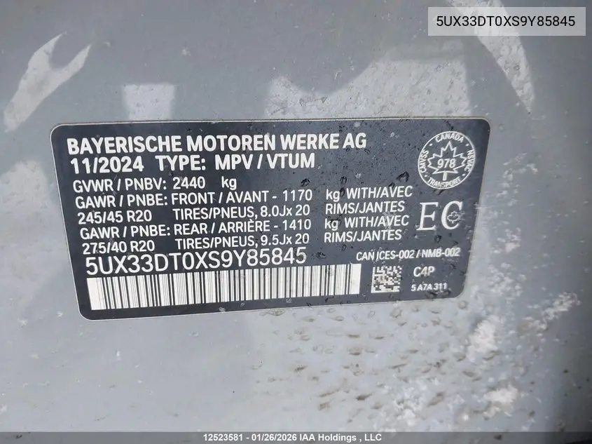 2025 BMW X4 xDrive30I VIN: 5UX33DT0XS9Y85845 Lot: 12523581x