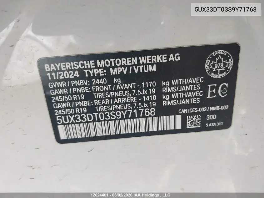 2025 BMW X4 xDrive30I VIN: 5UX33DT03S9Y71768 Lot: 12624461