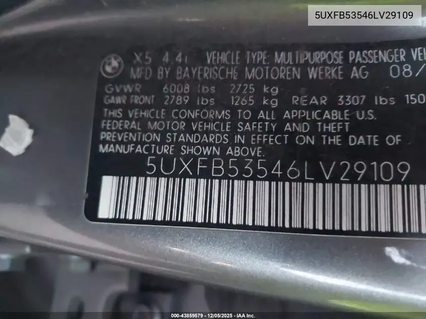 5UXFB53546LV29109 2006 BMW X5 4.4I