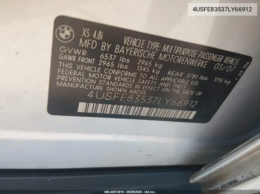 2007 BMW X5 4.8I VIN: 4USFE83537LY66912 Lot: 45513918
