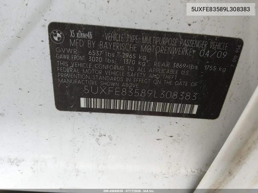 2009 BMW X5 xDrive48I VIN: 5UXFE83589L308383 Lot: 45640036