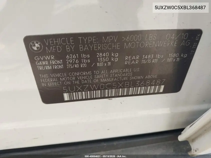 2011 BMW X5 xDrive35D VIN: 5UXZW0C5XBL368487 Lot: 45084631