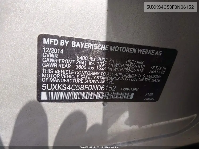 2015 BMW X5 xDrive35D VIN: 5UXKS4C58F0N06152 Lot: 45539935