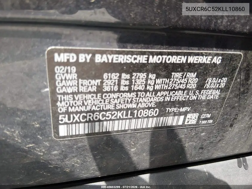 2019 BMW X5 xDrive40I VIN: 5UXCR6C52KLL10860 Lot: 45683299