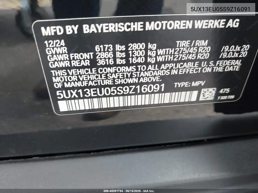2025 BMW X5 Sdrive40I VIN: 5UX13EU05S9Z16091 Lot: 45391754