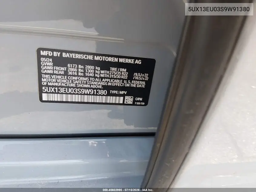 2025 BMW X5 Sdrive40I VIN: 5UX13EU03S9W91380 Lot: 45602995