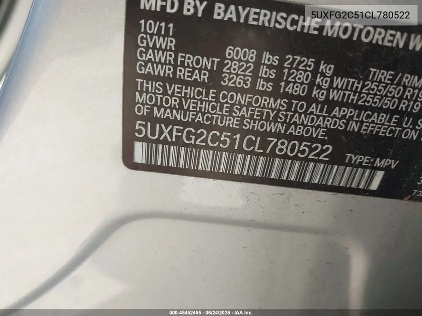 2012 BMW X6 xDrive35I VIN: 5UXFG2C51CL780522 Lot: 45452455