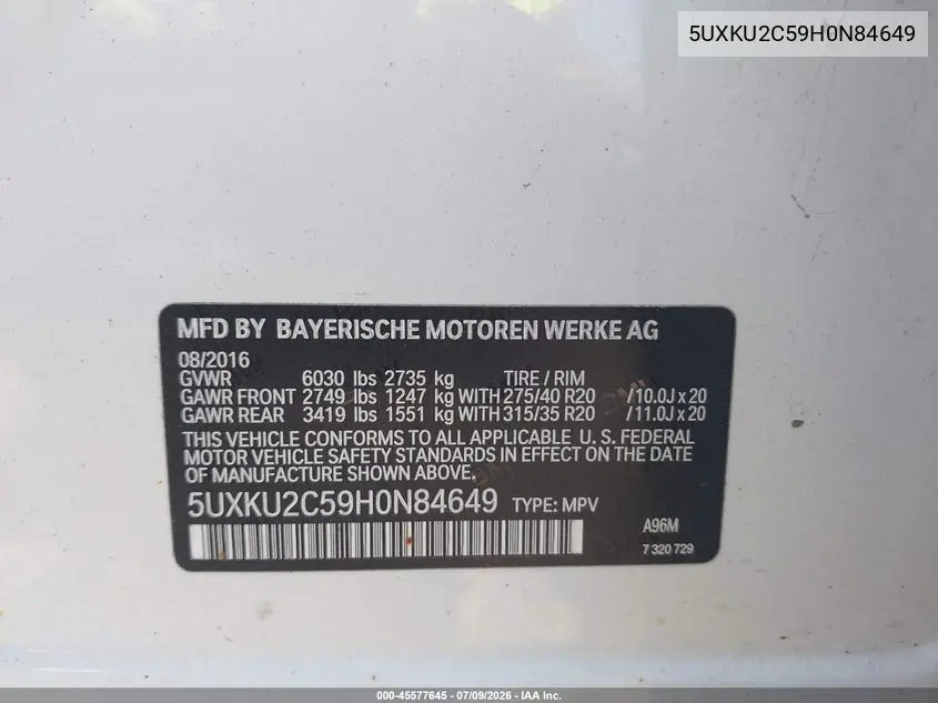 2017 BMW X6 xDrive35I VIN: 5UXKU2C59H0N84649 Lot: 45577645