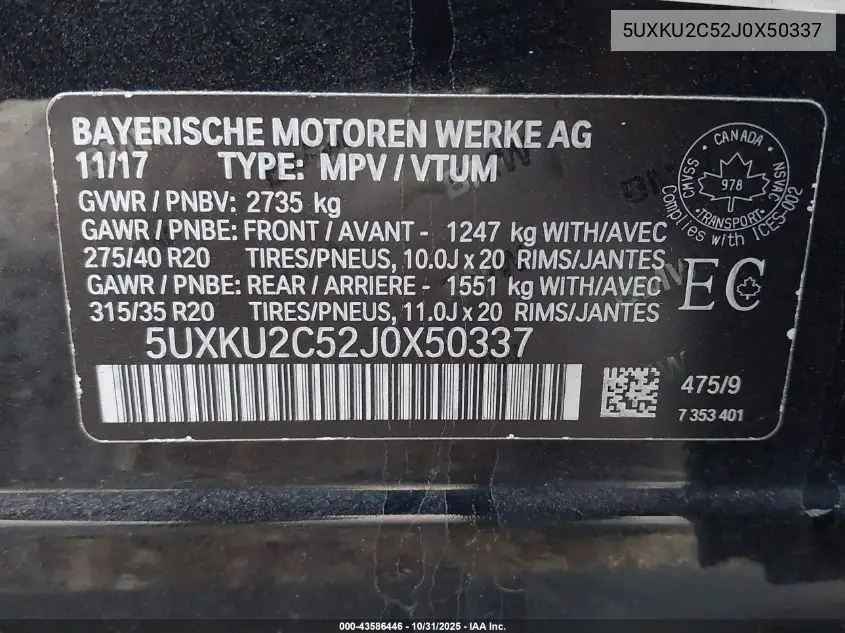 5UXKU2C52J0X50337 2018 BMW X6