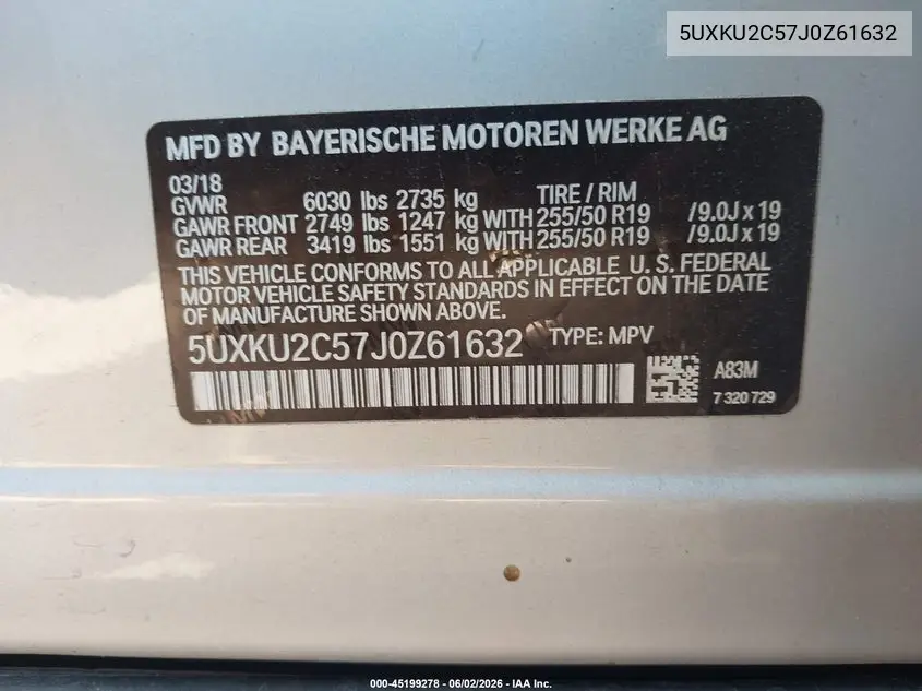 2018 BMW X6 xDrive35I VIN: 5UXKU2C57J0Z61632 Lot: 45199278