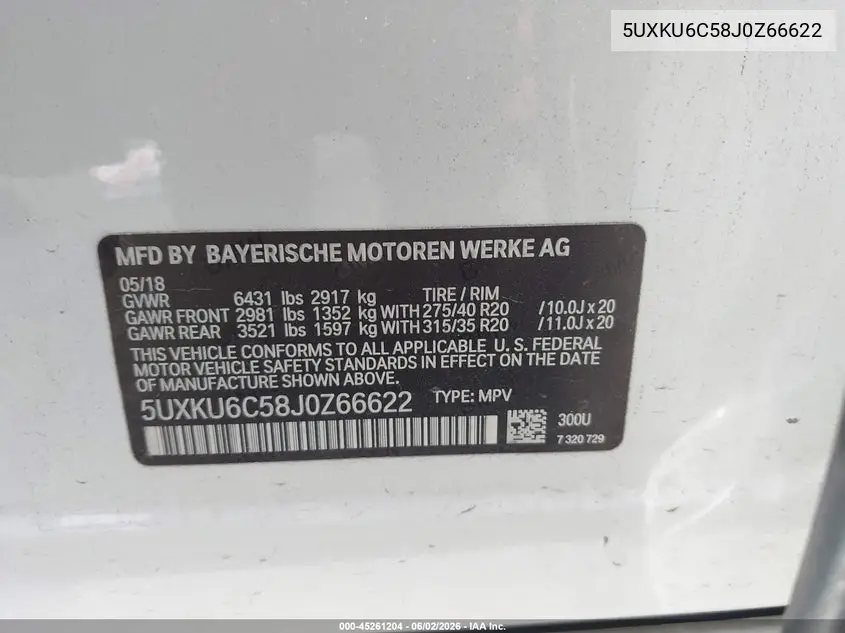 2018 BMW X6 xDrive50I VIN: 5UXKU6C58J0Z66622 Lot: 45261204