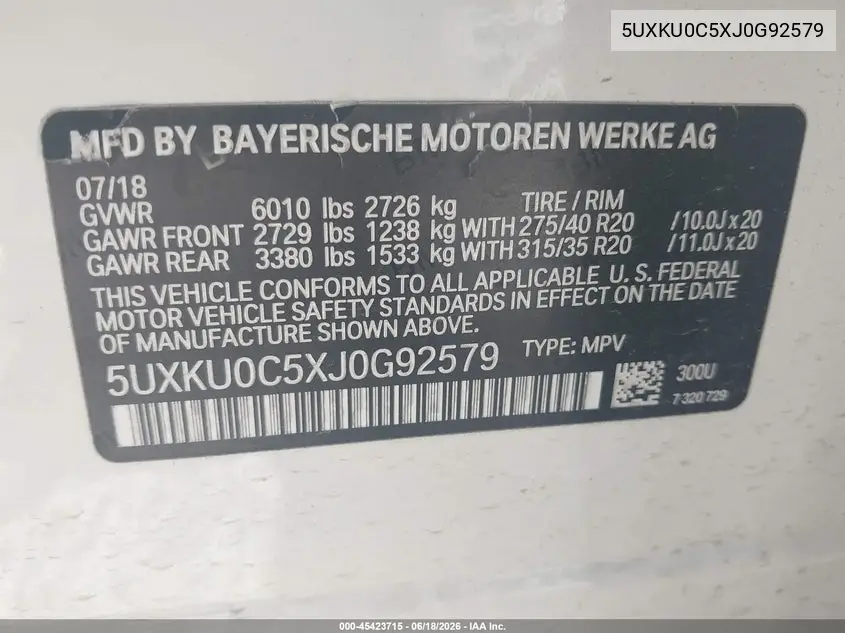 2018 BMW X6 Sdrive35I VIN: 5UXKU0C5XJ0G92579 Lot: 45423715