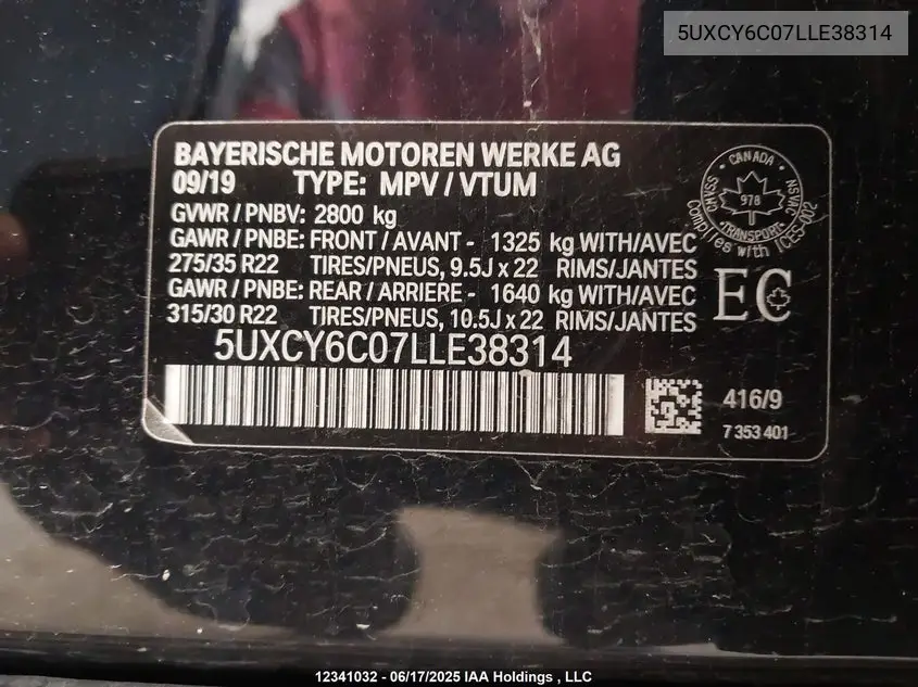 2020 BMW X6 xDrive40I VIN: 5UXCY6C07LLE38314 Lot: 12341032