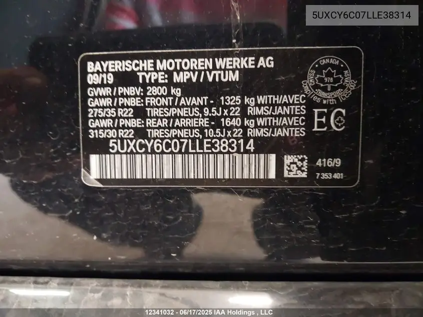 2020 BMW X6 xDrive40I VIN: 5UXCY6C07LLE38314 Lot: 12341032