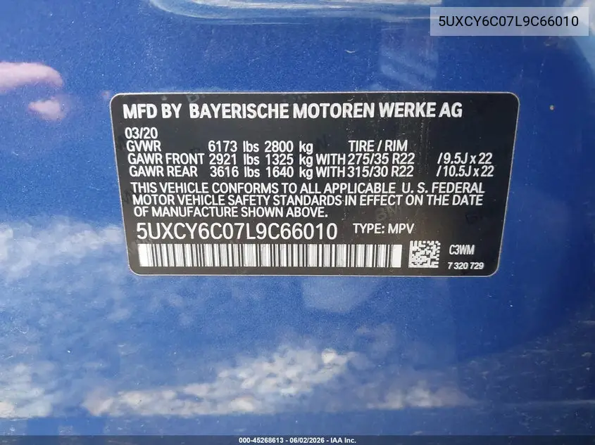 2020 BMW X6 xDrive40I VIN: 5UXCY6C07L9C66010 Lot: 45268613