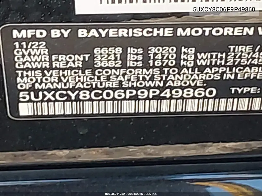2023 BMW X6 M50I VIN: 5UXCY8C06P9P49860 Lot: 45211252