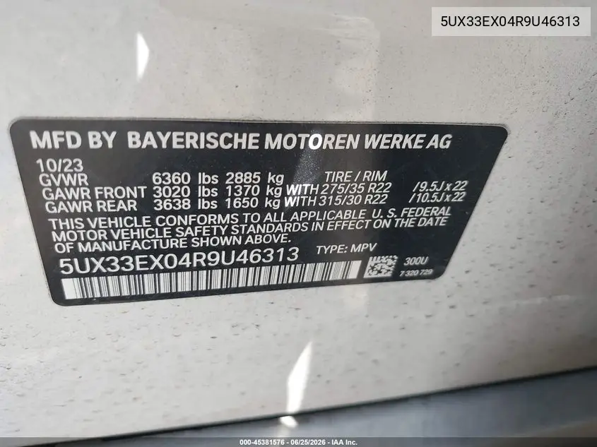 2024 BMW X6 xDrive40I VIN: 5UX33EX04R9U46313 Lot: 45381576