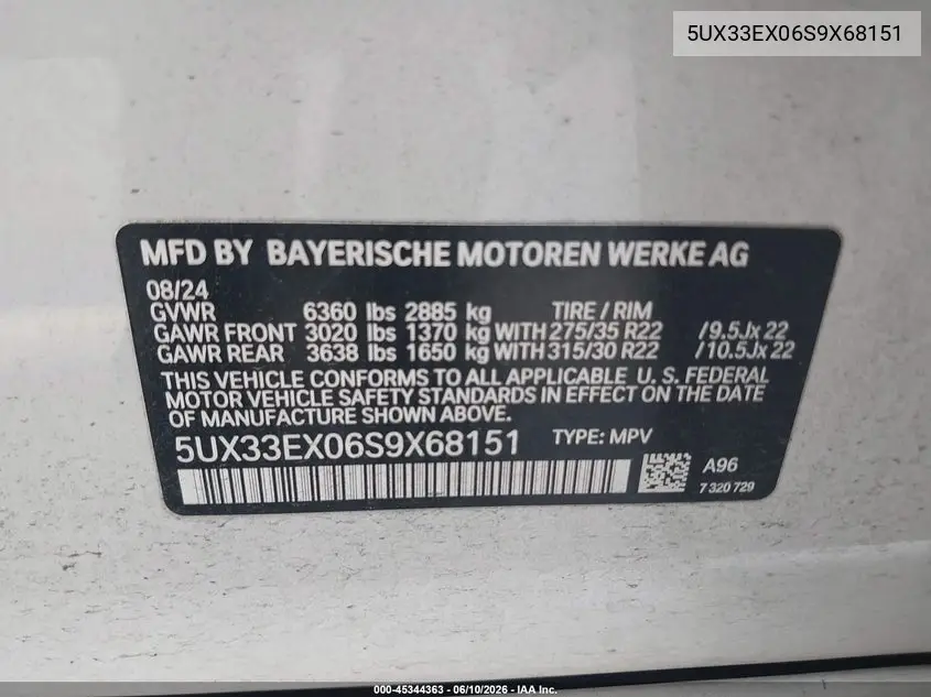 2025 BMW X6 xDrive40I VIN: 5UX33EX06S9X68151 Lot: 45344363