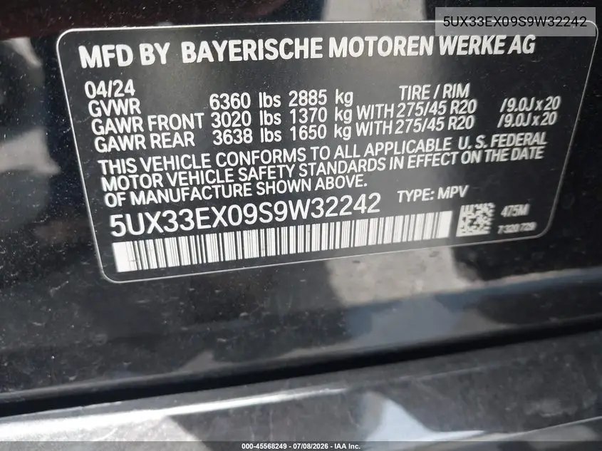 2025 BMW X6 xDrive40I VIN: 5UX33EX09S9W32242 Lot: 45568249