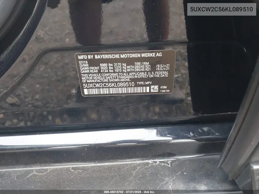 2019 BMW X7 xDrive40I VIN: 5UXCW2C56KL089510 Lot: 45515702
