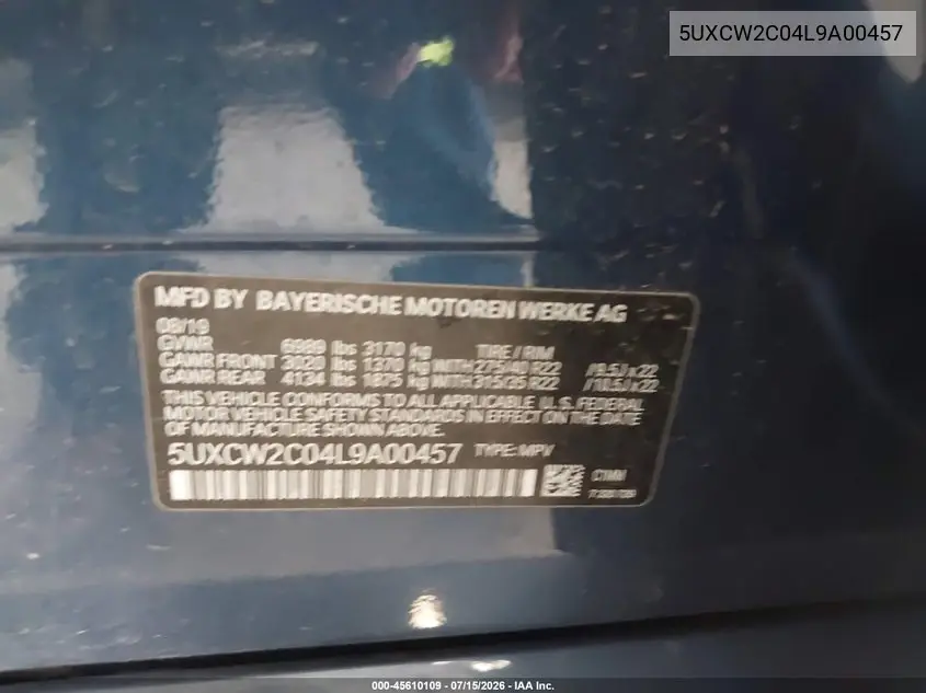 2020 BMW X7 xDrive40I VIN: 5UXCW2C04L9A00457 Lot: 45610109