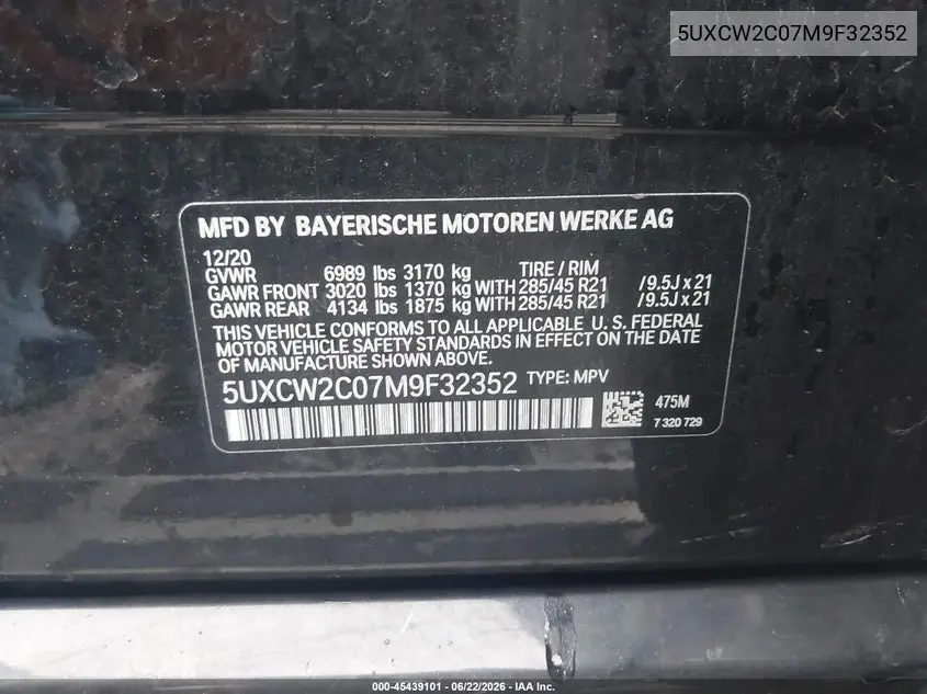 2021 BMW X7 xDrive40I VIN: 5UXCW2C07M9F32352 Lot: 45439101