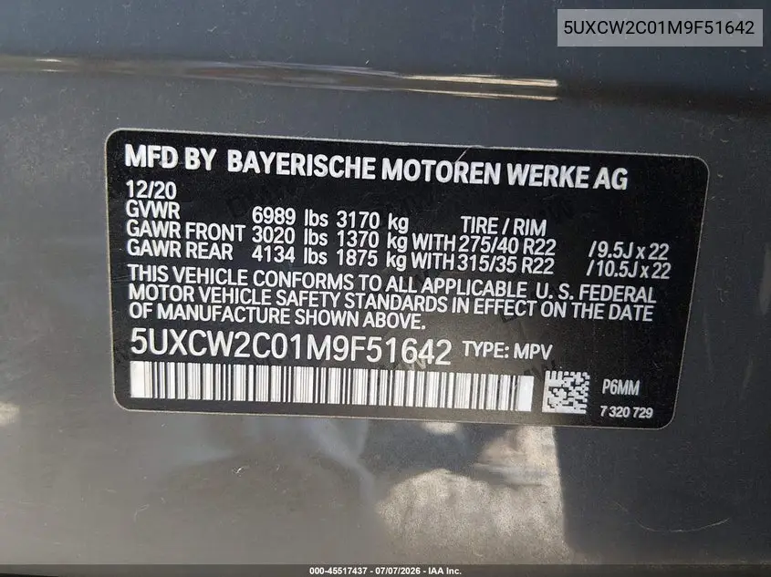 2021 BMW X7 xDrive40I VIN: 5UXCW2C01M9F51642 Lot: 45517437