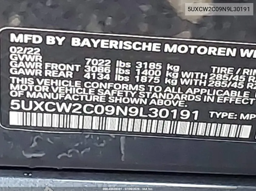 2022 BMW X7 xDrive40I VIN: 5UXCW2C09N9L30191 Lot: 45539351