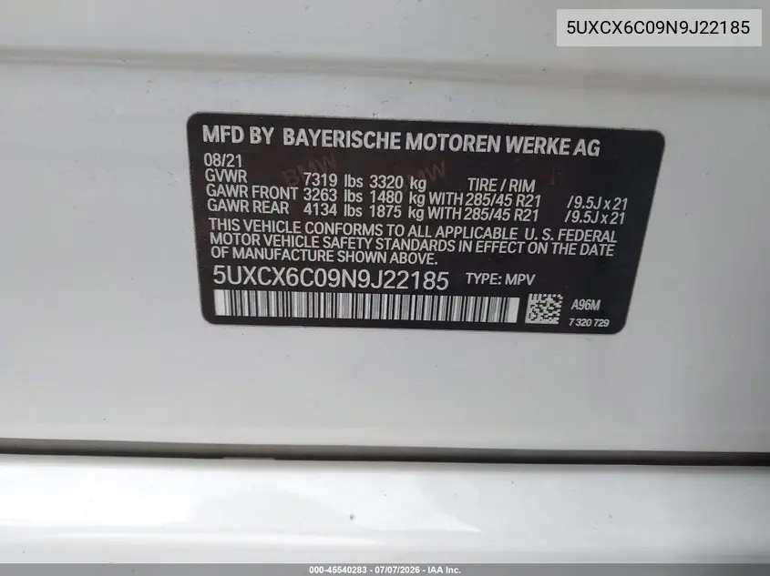 2022 BMW X7 M50I VIN: 5UXCX6C09N9J22185 Lot: 45540283
