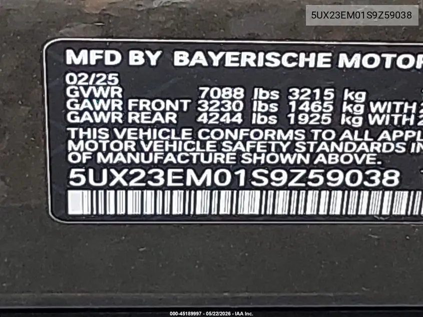 2025 BMW X7 xDrive40I VIN: 5UX23EM01S9Z59038 Lot: 45189997