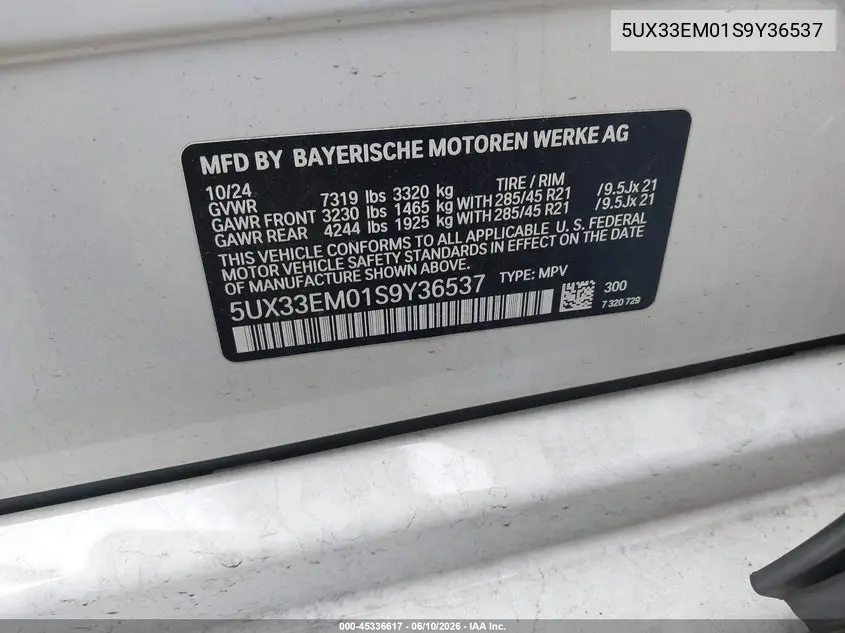 2025 BMW X7 M60I VIN: 5UX33EM01S9Y36537 Lot: 45336617
