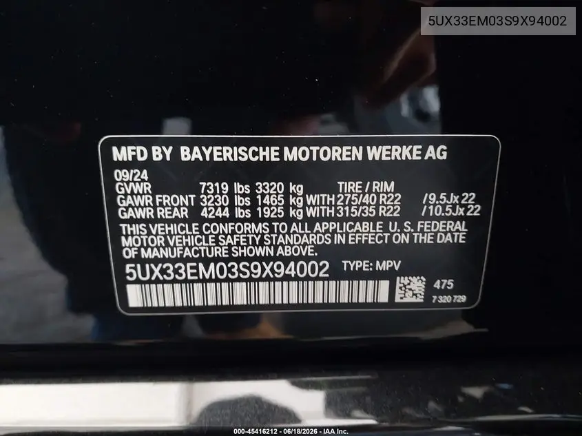 2025 BMW X7 M60I VIN: 5UX33EM03S9X94002 Lot: 45416212